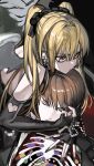  1boy 1girl 2pineapplepizza amane_misa bangs bare_shoulders black_gloves black_nails blonde_hair brown_hair closed_eyes closed_mouth death_note determined earrings fingerless_gloves gloves highres holding jewelry long_hair red_eyes short_hair twintails two_side_up wings yagami_light 