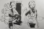  1girl ammunition_pouch bulletproof_vest bullpup crying gloves gun headset hood hoodie ink knee_pads monochrome original p90 paul_1ng pouch reloading shell_casing shorts submachine_gun weapon 