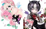  2girls 2pineapplepizza beret black_dress blue_bow blue_eyes blush bow butterfly_wings closed_mouth dress flower hat highres kuromi long_sleeves multicolored_hair multiple_girls my_melody sanrio see-through see-through_shirt short_hair smile violet_eyes white_hair wings 