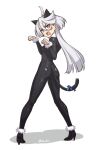  1girl ahoge alternate_costume angry animal_ears bangs black_bodysuit bodysuit bow commentary_request fake_animal_ears fake_tail full_body fur_collar fur_cuffs grey_eyes grey_hair gundam gundam_suisei_no_majo heebee high_heels long_hair looking_at_viewer miorine_rembran paw_pose shadow skin_tight solo swept_bangs tail tail_bow tail_ornament teeth twitter_username upper_teeth white_background 