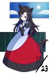  1girl animal_ears bamboo closed_mouth clouds dated dress full_body holding_own_wrist imaizumi_kagerou itani_illust long_sleeves looking_at_viewer red_dress red_eyes sky solo standing sun tail touhou two-tone_dress white_background white_dress wolf_ears wolf_girl wolf_tail 