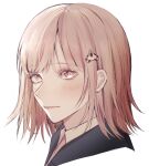  1girl bangs blush brown_hair closed_mouth collared_shirt cropped_shoulders danganronpa_(series) danganronpa_2:_goodbye_despair galaga hair_ornament highres jacket kkochmeli medium_hair nanami_chiaki pink_eyes portrait shirt simple_background solo white_background 