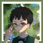  1boy arm_up black_bow black_bowtie black_hair bow bowtie chinese_commentary commentary_request glasses green_jacket highres holding holding_eyewear jacket kieukie open_mouth portrait shadows_house shaun_(shadows_house) shirt short_hair solo violet_eyes white_shirt 
