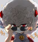  1girl afro alternate_hairstyle big_hair commission curled_horns grey_background horns looking_at_viewer pointy_ears red_eyes red_horns red_nails sharp_teeth simple_background skeb_commission solo sunglasses teeth touhou toutetsu_yuuma uisu_(noguchipint) upper_body 
