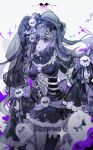  1girl absurdres bow colored_skin detached_collar dress frills gothic grey_eyes grey_hair grey_skin highres long_hair long_sleeves looking_down one_eye_covered open_mouth original puffy_long_sleeves puffy_sleeves pya_vvv solo standing stitches very_long_hair wide_sleeves 