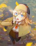  1girl bangs black_thighhighs blonde_hair blue_eyes blurry blush breasts brown_skirt capelet collared_shirt commentary detective english_commentary facing_viewer falling_leaves full_body ginkgo hair_ornament hat high-waist_skirt highres holding holding_magnifying_glass hololive hololive_english holomyth leaf loafers long_hair long_sleeves looking_up magnifying_glass monocle_hair_ornament neckerchief necktie open_mouth plaid plaid_skirt rainry red_neckerchief shirt shoes skirt solo standing swept_bangs teeth thigh-highs tongue virtual_youtuber watson_amelia white_shirt 