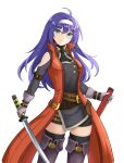  1girl ahoge bare_shoulders black_thighhighs blue_hair boots coat cowboy_shot detached_sleeves fire_emblem fire_emblem:_radiant_dawn gloves green_eyes grey_gloves hairband highres holding holding_sheath holding_sword holding_weapon looking_at_viewer mia_(fire_emblem) official_alternate_costume sheath simple_background smile solo sword takaneko thigh-highs thigh_boots unsheathed weapon white_background white_hairband zettai_ryouiki 