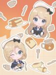  2girls :3 bangs blonde_hair blue_eyes blue_sailor_collar bread cropped_torso cup dress food fork hat highres janus_(kancolle) jervis_(kancolle) kantai_collection knife long_hair looking_at_viewer maple_syrup multiple_girls pancake parted_bangs pitcher sailor_collar sailor_dress sailor_hat short_hair teacup unoi upper_body white_headwear 