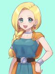  1girl :d bianca_(dq5) blonde_hair blue_background blue_dress blue_eyes braid braided_ponytail collarbone dragon_quest dragon_quest_v dress earrings hair_over_shoulder hand_on_hip highres jewelry junjonta long_hair open_mouth ponytail shiny shiny_hair simple_background sleeveless sleeveless_dress smile solo standing 
