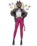  1girl animal_ears black_footwear black_jacket black_mask blonde_hair cat_ears cat_tail fake_animal_ears fake_tail full_body highres jacket long_hair looking_at_viewer original pants parted_lips purple_pants rinotuna shirt_tucked_in shoes simple_background solo standing tail twintails violet_eyes white_background 