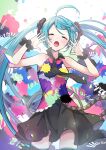  1girl absurdres ahoge bangs blue_hair blush closed_eyes collared_shirt hands_up hatsune_miku highres long_hair multicolored_clothes nagitofuu necktie open_mouth shirt skirt sleeveless sleeveless_shirt solo song_name tell_your_world_(vocaloid) thigh-highs twintails very_long_hair vocaloid wrist_cuffs 