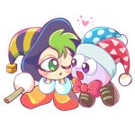 1boy 1girl :d :o black_headwear blush bow brown_footwear commentary_request full_body green_eyes green_hair gryll_(kirby) hat heart highres holding jester_cap kirby&#039;s_return_to_dream_land kirby&#039;s_star_stacker kirby_(series) looking_at_another marx_(kirby) miru_(milusour) multicolored_clothes multicolored_headwear no_humans one_eye_closed open_mouth orange_footwear pom_pom_(clothes) red_bow shoes simple_background smile violet_eyes white_background witch_hat