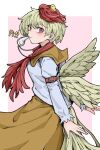  1girl animal animal_on_head bird bird_on_head bird_tail bird_wings blonde_hair blush chick closed_mouth dated dress fe_(tetsu) feathered_wings highres long_sleeves multicolored_hair niwatari_kutaka on_head orange_dress red_eyes redhead shirt short_hair simple_background smile solo tail touhou two-tone_hair upper_body whistle whistle_around_neck whistling white_background white_shirt wings yellow_wings 