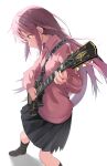  1girl bangs black_footwear black_skirt black_socks blue_eyes blush bocchi_the_rock! breasts cac_itinose closed_mouth commentary_request electric_guitar gotou_hitori guitar hair_between_eyes highres holding holding_instrument instrument jacket long_hair long_sleeves looking_away looking_down music pink_hair pink_jacket playing_instrument pleated_skirt shadow shoes skirt small_breasts socks solo standing sweat track_jacket very_long_hair white_background 