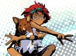  1girl androgynous animal_hands bare_arms black_shorts blush cofffee cowboy_bebop dog dog_paws edward_wong_hau_pepelu_tivrusky_iv ein_(cowboy_bebop) feet_out_of_frame flat_chest goggles goggles_on_head indian_style looking_at_viewer messy_hair orange_eyes outstretched_arms patterned_background redhead shirt short_hair shorts sitting sleeveless sleeveless_shirt smile tan tank_top tongue tongue_out welsh_corgi white_shirt 