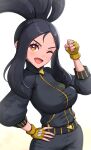  1girl black_hair clenched_hand fingerless_gloves gloves gonzarez high_ponytail highres looking_at_viewer one_eye_closed pokemon pokemon_(game) pokemon_sv sidelocks smile solo track_suit v-shaped_eyebrows yellow_gloves 