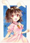  1girl :d animal_ears bangs breasts brown_hair carrot_necklace dress highres inaba_tewi jewelry looking_at_viewer necklace open_mouth pink_dress puffy_sleeves rabbit_ears rabbit_tail red_eyes secchi shikishi short_hair short_sleeves small_breasts smile solo sparkle tail touhou traditional_media 