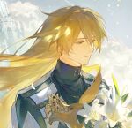  1boy androgynous blonde_hair bouquet closed_mouth clouds flower hair_between_eyes half-closed_eyes high_collar holding holding_bouquet honkai:_star_rail honkai_(series) jacket lily_(flower) long_hair looking_to_the_side luocha_(honkai:_star_rail) male_focus renjian_shilian solo upper_body white_flower 