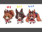  3girls :d animal_ears aston_machan_(umamusume) black_pantyhose blush boots brown_eyes brown_hair capelet chibi closed_mouth commentary_request crown daiwa_scarlet_(umamusume) dress fang fur-trimmed_capelet fur-trimmed_dress fur-trimmed_headwear fur_trim green_eyes grey_background grey_hair hair_over_one_eye hashi_227 hat highres horse_ears horse_girl horse_tail knee_boots long_hair mini_crown multicolored_hair multiple_girls notice_lines pantyhose parted_lips ponytail red_capelet red_dress red_footwear red_headwear santa_costume santa_hat shoes smile sweat tail twintails two-tone_background two-tone_hair umamusume very_long_hair vodka_(umamusume) white_background 