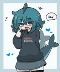  +++ 1girl afterimage bangs black_hoodie black_thighhighs blue_eyes blue_hair blush clothes_writing commentary_request fish_tail flying_sweatdrops fuka-chan grey_background grey_skirt hair_between_eyes hand_up heart highres hood hood_down hoodie long_sleeves open_mouth original puffy_long_sleeves puffy_sleeves shark_tail sharp_teeth short_eyebrows skirt sleeves_past_wrists solo speed_lines tail tail_wagging teeth thick_eyebrows thigh-highs two-tone_background uni_souchou white_background 