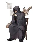  1boy bandaged_hand bandages black_footwear black_hair chair english_text facial_hair full_body highres hood hood_up knife male_focus original rinotuna shoes short_hair sitting solo stubble sword weapon white_background 