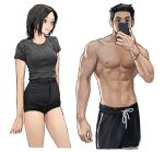  1boy 1girl abs black_hair black_shirt black_shorts bracelet covering_face cowboy_shot highres jewelry muscular muscular_male original pectorals rinotuna shirt shirt_tucked_in short_hair short_sleeves shorts simple_background topless_male veins veiny_arms white_background 