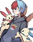  1girl :d black_eyes blue_hair closed_mouth eevee frown fuxiang glasses grey_eyes grey_hoodie hands_in_pockets highres hood hood_down hoodie light_blue_hair long_sleeves looking_at_another minun multicolored_hair open_mouth penny_(pokemon) plusle poke_ball_print pokemon pokemon_(creature) pokemon_(game) pokemon_sv redhead round_eyewear short_hair sideways_mouth simple_background smile solid_oval_eyes two-tone_hair very_short_hair white_background 