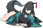  1girl :o bangs bare_shoulders black_hair blue_eyes breasts chinese_clothes hair_ornament hanfu highres large_breasts long_hair long_sleeves lying on_side ookaka77 open_mouth original simple_background solo tail white_background wolf_tail 