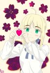  1girl artoria_pendragon_(fate) blonde_hair fate/grand_order fate/stay_night fate/zero fate_(series) floral_background flower green_eyes highres md5_mismatch saber smile 