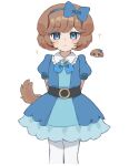 1girl :&lt; animal_ears arms_behind_back bangs belt belt_buckle black_belt blue_bow blue_bowtie blue_dress blue_eyes blue_gemstone blue_hairband blush bob_cut bow bowtie brooch brown_hair buckle chibi chibi_inset closed_mouth collared_dress cowboy_shot delicious_party_precure dog dog_ears dog_girl dog_tail dress dual_persona frilled_dress frills gem hair_bow hair_ribbon hairband half-closed_eyes heart_brooch highres jewelry looking_at_viewer nemuiyoo00 pam-pam_(precure) pam-pam_(precure)_(human) pantyhose precure puffy_short_sleeves puffy_sleeves ribbon short_hair short_sleeves solo sparkle standing tail v_arms white_background white_pantyhose
