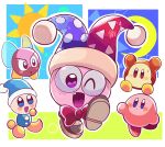  :d :o arms_up blue_eyes blush blush_stickers bow bronto_burt brown_eyes brown_footwear commentary_request crescent_moon day day_and_night fang full_body grass hat highres jester_cap kirby kirby&#039;s_return_to_dream_land kirby_(series) looking_at_viewer marx_(kirby) miru_(milusour) moon multicolored_clothes multicolored_headwear night night_sky no_humans one_eye_closed open_mouth pom_pom_(clothes) poppy_bros_jr red_bow red_footwear shoes sky smile sun sweatdrop violet_eyes waddle_dee yellow_footwear 