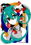  1girl aqua_eyes aqua_hair black_eyes bright_pupils detached_sleeves expressionless fibonacci_sequence grey_shirt halftone hatsune_miku heterochromia long_hair looking_at_viewer multicolored_background multicolored_necktie shirt solo surreal twintails upper_body vocaloid white_pupils wokichi 