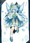  1girl blue_bow blue_dress blue_eyes blue_footwear blue_hair blush bow cirno collared_shirt dress fairy full_body hair_between_eyes hair_bow highres ice ice_wings long_sleeves open_mouth sabatuki shirt shoes short_hair smile socks solo touhou white_shirt white_socks wings 