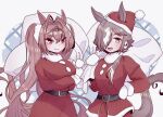  2girls :d animal_ears b6mti belt belt_buckle black_belt breasts brown_eyes brown_hair buckle closed_mouth commentary daiwa_scarlet_(umamusume) dress ears_through_headwear grey_background hair_intakes hand_on_hip hat highres holding holding_sack horse_ears horse_girl horse_tail jacket large_breasts long_hair long_sleeves mittens multicolored_hair multiple_girls pants red_dress red_eyes red_headwear red_jacket red_pants sack santa_costume santa_hat smile symbol-only_commentary tail tiara tilted_headwear twintails two-tone_hair umamusume very_long_hair vodka_(umamusume) white_hair white_mittens 