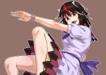  1girl black_hair brown_background dress horns kakone kijin_seija looking_at_viewer multicolored_hair open_mouth pointy_ears red_eyes redhead short_hair short_sleeves simple_background solo streaked_hair touhou white_dress white_hair wristband 