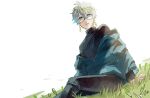  1boy bangs black_pants black_shirt blue_eyes blue_hair earrings glasses grass grey_hair hair_between_eyes highres ike_eveland jewelry long_sleeves looking_at_viewer male_focus multicolored_eyes multicolored_hair nijisanji nijisanji_en off_shoulder on_grass on_ground open_mouth outdoors pants rovaroca shirt short_hair simple_background sitting solo turtleneck virtual_youtuber white_background yellow_eyes 