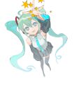  1girl absurdres aqua_necktie bare_shoulders black_skirt black_sleeves black_thighhighs breasts collared_shirt detached_sleeves from_above full_body green_hair grey_eyes grey_shirt hair_between_eyes hair_ornament hatsune_miku highres kuku_(kuza0112) long_hair looking_at_viewer looking_up medium_breasts necktie open_mouth outstretched_hand pleated_skirt shirt skirt sleeveless sleeveless_shirt sleeves_past_fingers sleeves_past_wrists smile solo thigh-highs twintails vocaloid white_background 