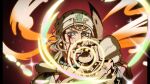 1boy blood blood_on_face blood_splatter blue_eyes grandguerrilla highres horseshoe johnny_joestar jojo_no_kimyou_na_bouken looking_at_viewer male_focus pointing pointing_at_viewer solo steel_ball_run upper_body wide-eyed 