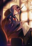  absurdres blurry blurry_foreground broken_horn cup highres horns indoors japanese_clothes kimono oni original pointy_ears red_eyes sanamisa short_hair sitting teacup wide_sleeves window 
