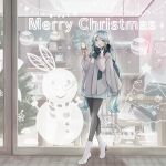  1girl absurdres bangs blue_eyes blue_hair blush boots cafe christmas christmas_tree crossed_legs hair_ribbon hatsune_miku high_heel_boots high_heels highres holding_ice_cream ice_cream_cone long_hair long_sleeves low_twintails merry_christmas nagitofuu nail_polish open_mouth outdoors pleated_skirt poncho ribbon scarf skirt smile snowman solo twintails very_long_hair vocaloid walking window winter 