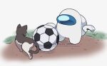  among_us ball brown_fur cat commentary_request crewmate_(among_us) disembodied_limb grass grey_background kiman multicolored_fur soccer_ball soil spacesuit twitter_username watermark whiskers white_(among_us) 