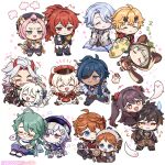  6+boys 6+girls :d ahoge animal animal_ears animal_hood arataki_itto backpack bag bag_charm baizhu_(genshin_impact) bangs bangs_pinned_back blonde_hair blue_eyes blue_hair blunt_bangs boo_tao_(genshin_impact) brothers brown_headwear cabbie_hat cat_ears cat_girl cat_tail charm_(object) chibi closed_eyes closed_mouth clover_print coin_hair_ornament commentary cushion dark-skinned_male dark_skin diluc_(genshin_impact) diona_(genshin_impact) dodoco_(genshin_impact) dress english_commentary eyepatch fake_horns flying_sweatdrops forehead genshin_impact ghost glasses gloves gradient_hair green_hair grey_hair hair_between_eyes hair_ornament halo hat headband holding holding_hands hood hood_up horned_headwear horns hu_tao_(genshin_impact) jacket japanese_clothes jumpy_dumpty kaeya_(genshin_impact) kamisato_ayato klee_(genshin_impact) long_hair long_sleeves low_ponytail low_twintails mask mask_on_head mole mole_under_mouth multicolored_hair multiple_boys multiple_girls ofuda one_eye_closed orange_hair paimon_(genshin_impact) pants pink_hair pointy_ears ponytail purple_hair qiqi_(genshin_impact) randoseru red-framed_eyewear red_eyes red_headwear redhead ruin_guard_(genshin_impact) sayu_(genshin_impact) short_hair short_sleeves siblings sidelocks simple_background sitting smile snake standing stuffed_toy sumipic sweat sweatdrop tail tartaglia_(genshin_impact) teucer_(genshin_impact) thoma_(genshin_impact) twintails twitter_username vision_(genshin_impact) white_hair wide_sleeves zhongli_(genshin_impact) zzz 