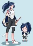  1girl absurdres ahoge arm_tattoo baggy_clothes baggy_pants black_gloves blue_background blue_hair chibi drawnielart gloves hair_ornament hairclip highres holding holding_sword holding_weapon jacket jacket_on_shoulders looking_at_viewer multiple_views orange_eyes original pants ponytail shirt shoes simple_background sleeveless sleeveless_shirt sneakers sword tattoo tribal_tattoo weapon white_footwear white_shirt 