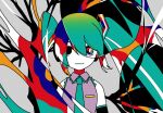  aqua_eyes aqua_necktie bare_shoulders black_eyes black_sleeves bright_pupils closed_mouth colorful detached_sleeves empty_eyes grey_shirt hatsune_miku heterochromia long_hair multicolored_eyes necktie shirt smile twintails upper_body very_long_hair vocaloid white_pupils 