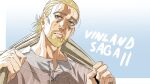  1boy beard blonde_hair brown_eyes character_request closed_mouth copyright_name facial_hair grandguerrilla highres looking_at_viewer male_focus ponytail shirt solo towel towel_around_neck upper_body vinland_saga 