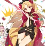  1boy 2girls animal_ear_fluff animal_ears asymmetrical_legwear asymmetrical_sleeves bangs black_leotard black_thighhighs blonde_hair blush brown_hair cape closed_eyes commentary_request confetti diamond_hairband dress earrings ereshkigal_(fate) fate/grand_order fate_(series) floating_hair fur-trimmed_cape fur_trim gold_trim hair_ribbon hat holding holding_weapon hood hood_down hooded_cape jewelry kabutomushi_s koyanskaya_(assassin)_(third_ascension)_(fate) koyanskaya_(fate) leotard long_hair long_sleeves looking_at_viewer meslamtaea_(weapon) multiple_girls oberon_(fate) oberon_(third_ascension)_(fate) open_mouth parted_bangs pink_hair rabbit_ears red_cape red_eyes red_ribbon ribbon short_hair single_sleeve single_thighhigh skull smile spine tamamo_(fate) thigh-highs tiara two-tone_cape two_side_up uneven_legwear uneven_sleeves very_long_hair weapon white_background white_dress white_headwear yellow_cape 