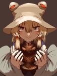  1girl blonde_hair brown_background brown_headwear closed_mouth doguu hair_between_eyes holding looking_at_viewer moriya_suwako neritch red_eyes short_hair sidelocks simple_background smile solo touhou upper_body wide_sleeves 