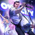  1boy 1girl adam_young artist_request black_hair black_necktie collared_shirt copyright_name cowboy_shot dress earpiece facial_hair frilled_dress frills girls&#039;_frontline_neural_cloud girls_frontline guitar headset highres holding holding_instrument holding_microphone instrument long_hair microphone nanaka_(girls&#039;_frontline_nc) necktie owl_city pants shirt short_hair sleeve_rolled_up smile stage stubble white_dress white_shirt 