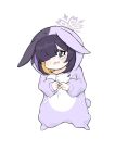  1girl animal_ears bangs blonde_hair blue_archive blunt_bangs blush commentary_request ears_down embarrassed fake_tail fidgeting full_body hair_over_one_eye halo head_tilt highres looking_at_viewer lop_rabbit_ears multicolored_hair one_eye_covered onesie open_mouth own_hands_together purple_hair rabbit rabbit_girl rabbit_tail sad sidelocks simple_background solo standing tail tearing_up tears tsukuyo_(blue_archive) two-tone_hair violet_eyes white_background yosik 