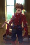  1boy brown_eyes brown_hair bucket echo_(circa) gloves lloyd_irving male_focus open_mouth red_shirt shirt solo spiky_hair sword tales_of_(series) tales_of_symphonia water weapon window 